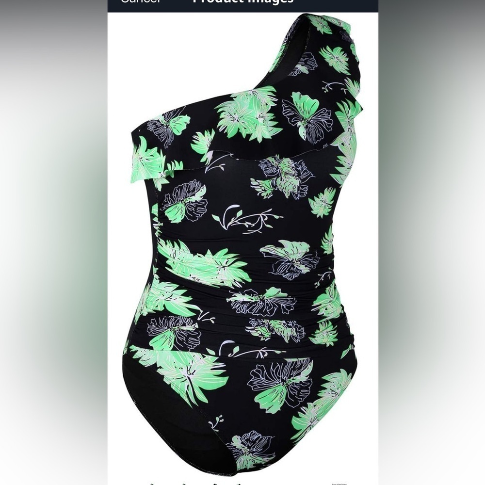 Hilor One Piece Asymmetric One Shoulder Bathing Suit Black/Green Womens Size 10 - Picture 3 of 15